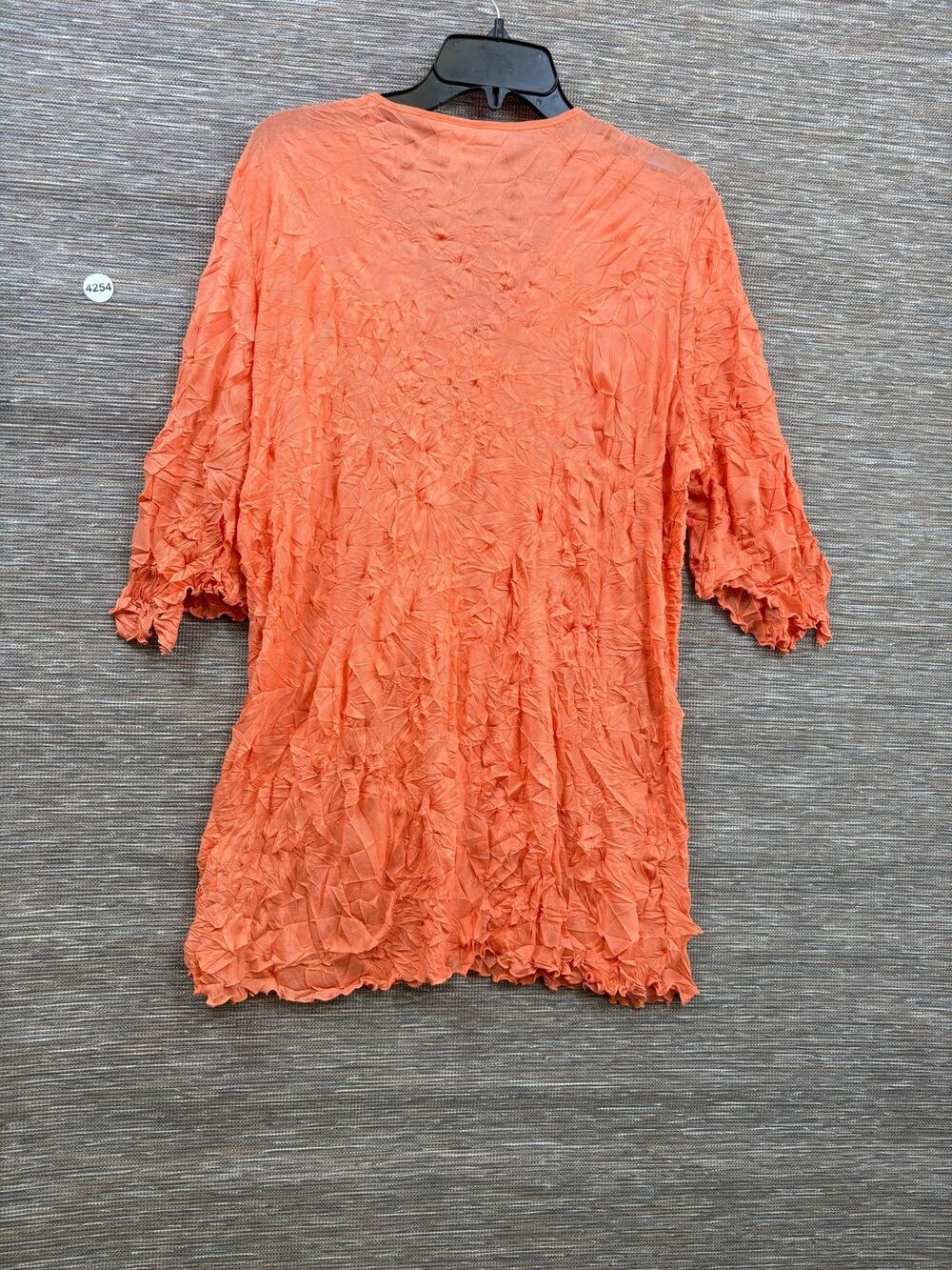 Onque Casuals Blouse Womens L Orange Sheer Crinkle Mesh V Neck Tunic Top